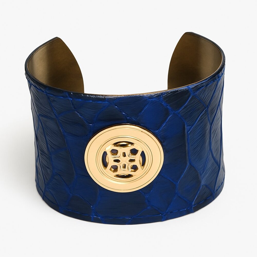 Retired Style Rustic Cuff Blue Embossed Gold Tone… - image 1